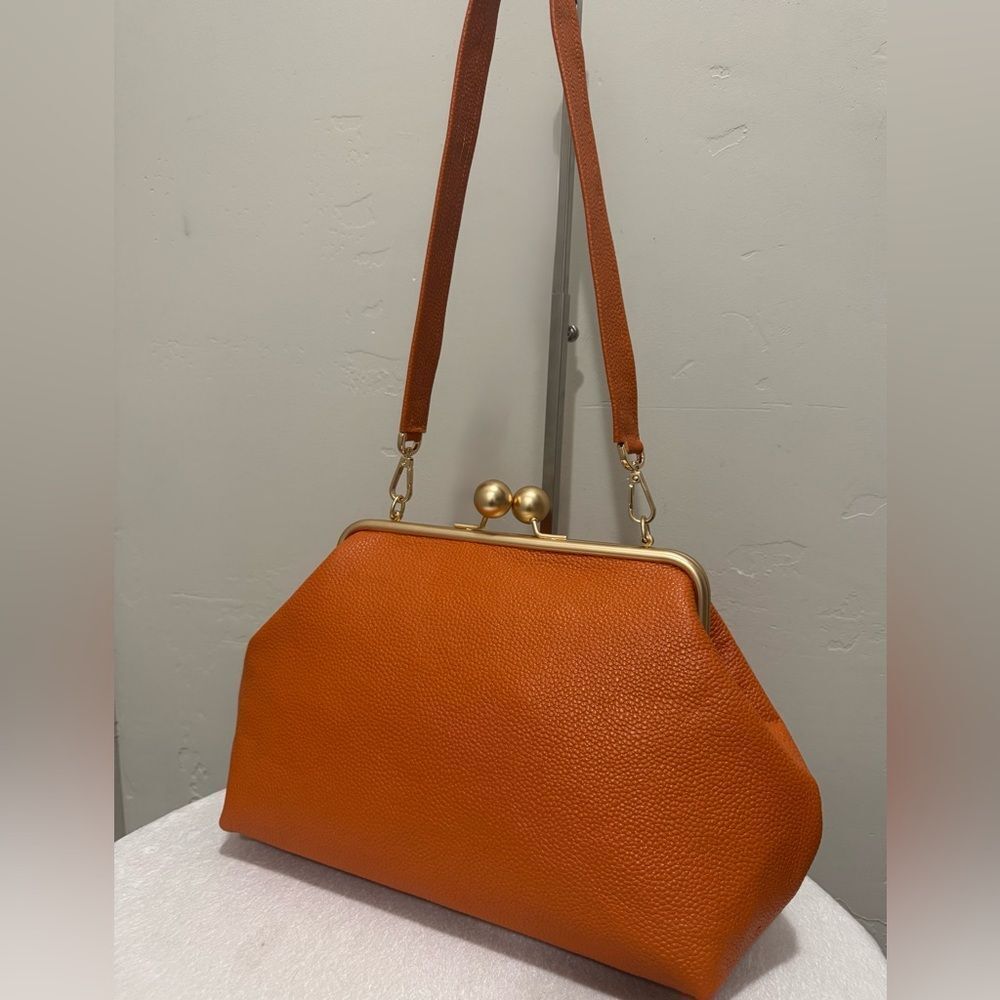 Orange Pebble Leather Handmade Vintage Style Extra Large Kisslock Frame Bag - Picture 8 of 16